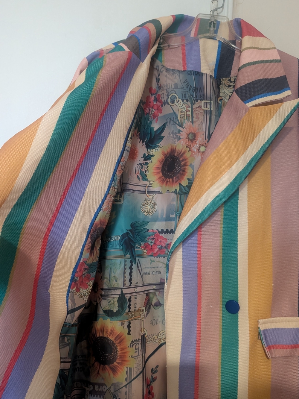 Multicolor Stripe Long Women's Coat - Vibrant Striped Trench - Picture 4 of 4
